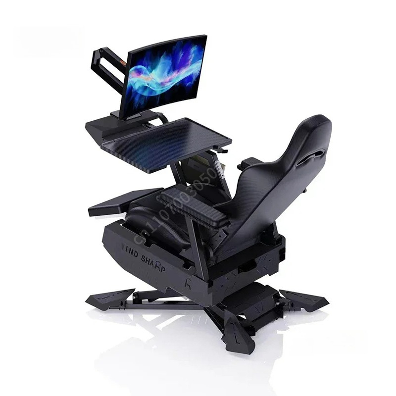 Standing Desk - リクライニングゲーミングステーションコックピット、人間工学に基づいた一体型コンピューターデスクチェア、調節可能なモニタースタンドとアームレストワークトレイ付き