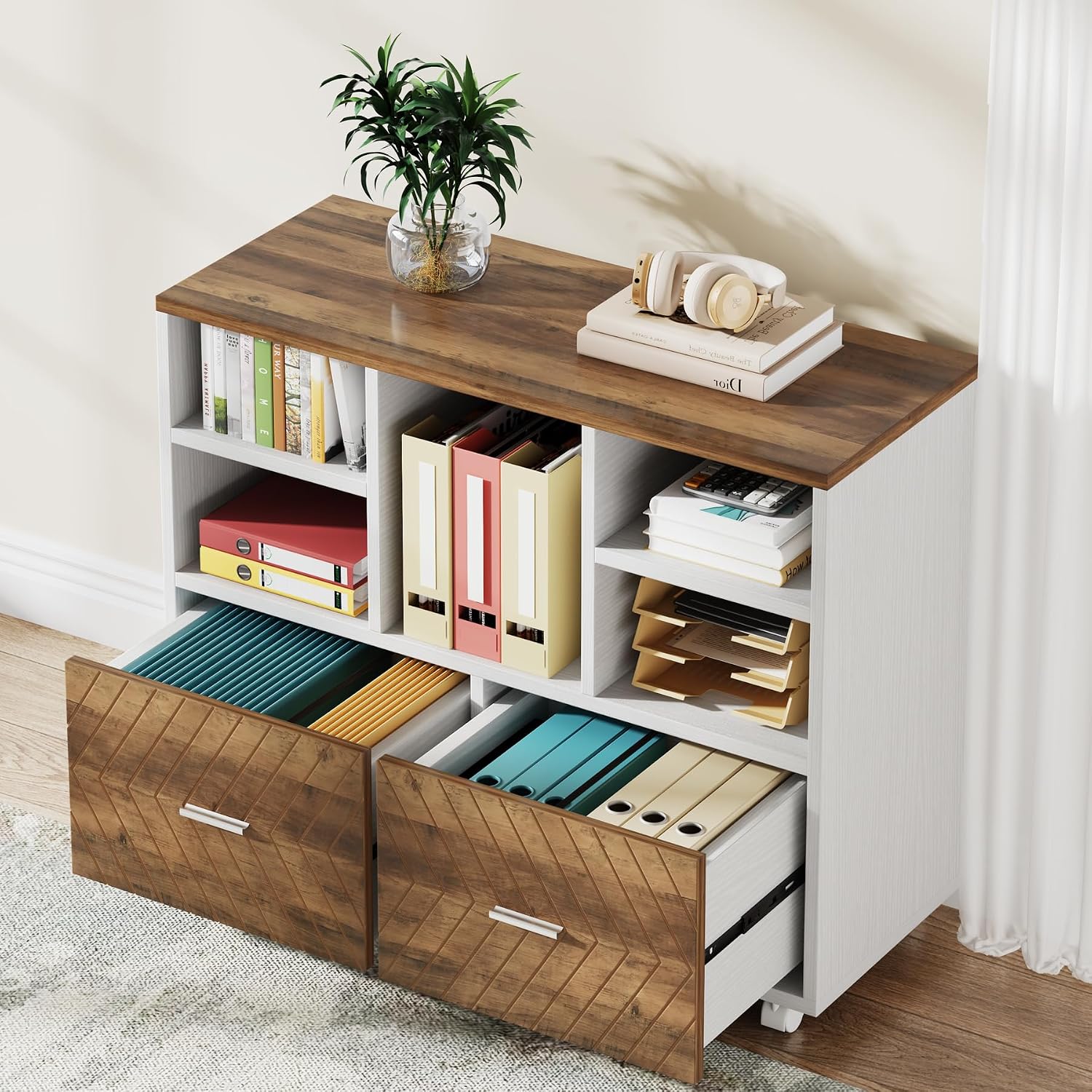 Printer Stand - 2段引き出し木製ファイルキャビネット、レターサイズのファイルを吊るすための可動式横型ファイルキャビネット、オープン収納棚付きプリンタースタンド