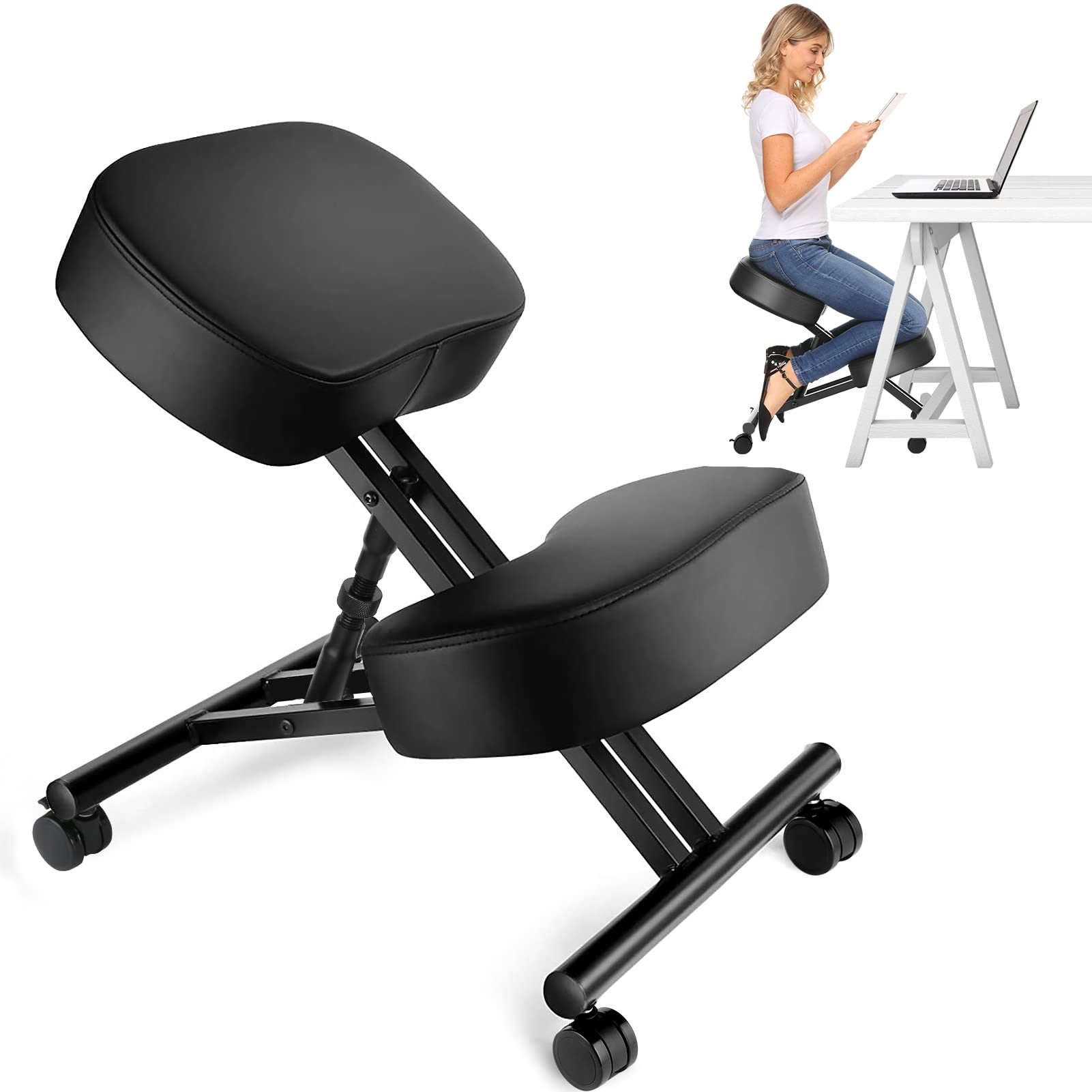 Office Stool - オフィス用のエルゴノミクスニーリングチェア、家庭およびオフィス用の調節可能なスツール - 角度のあるシートで姿勢を改善