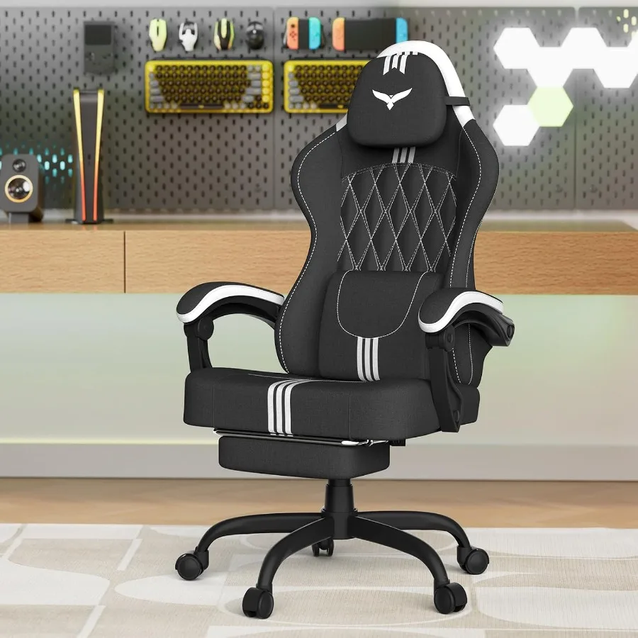 Office Chair Cushion - 自宅やゲーム用として使える、人間工学に基づいたオフィスチェア。ベージュ色のリネン生地を使用し、幅広の20cmの座面と、ポケットコイルを使用したクッション、そして高さ調節可能なヘッドレストを備えています。