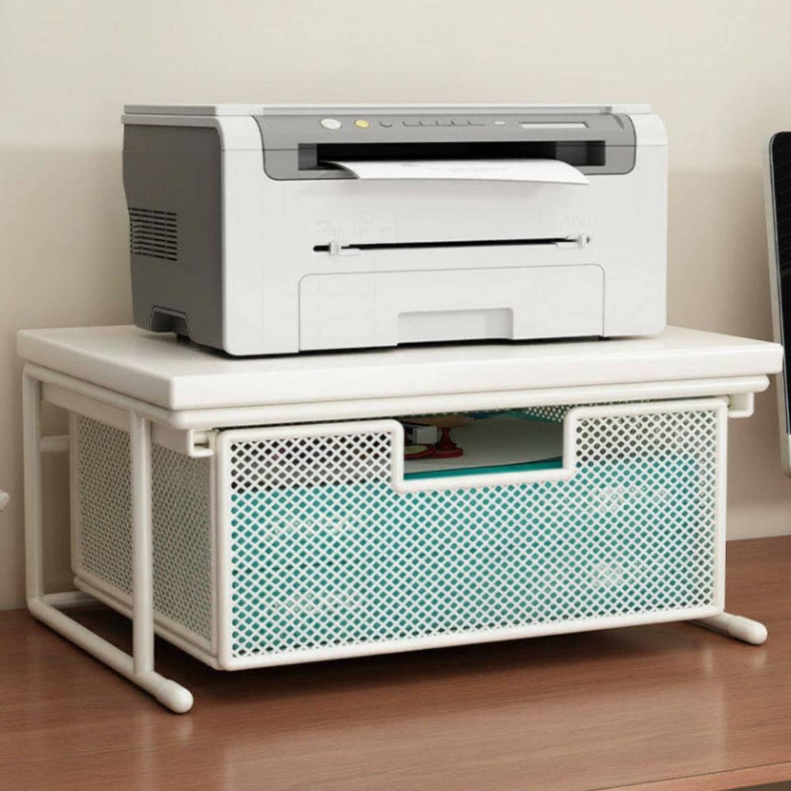 Printer Stand - 引き出し付きプリンタースタンド 省スペースデスクトッププリンタースタンド デスクトップシェルフ 木製デスクトップ表面収納 メタルフレーム