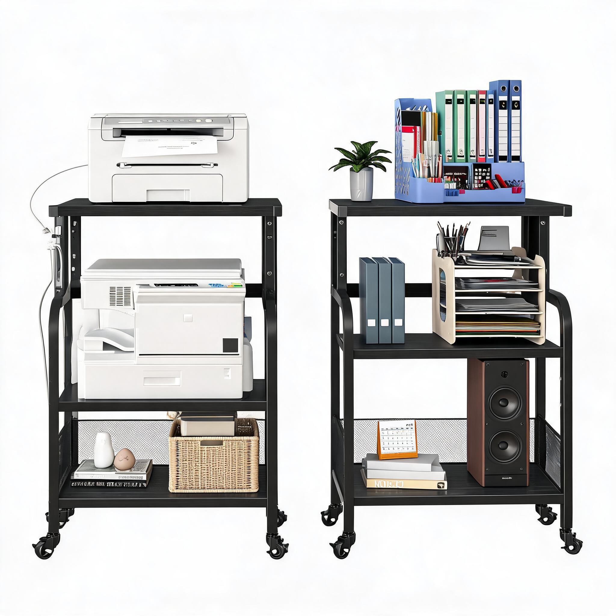 Printer Stand - 3段式の移動式プリンタースタンド。電源コンセントとUSB充電ポート付き。大型のキャスター付きプリンターカート。高さ調節可能な収納棚。移動が容易なように車輪付き。オフィスやご家庭でデスク下の整理に最適。
