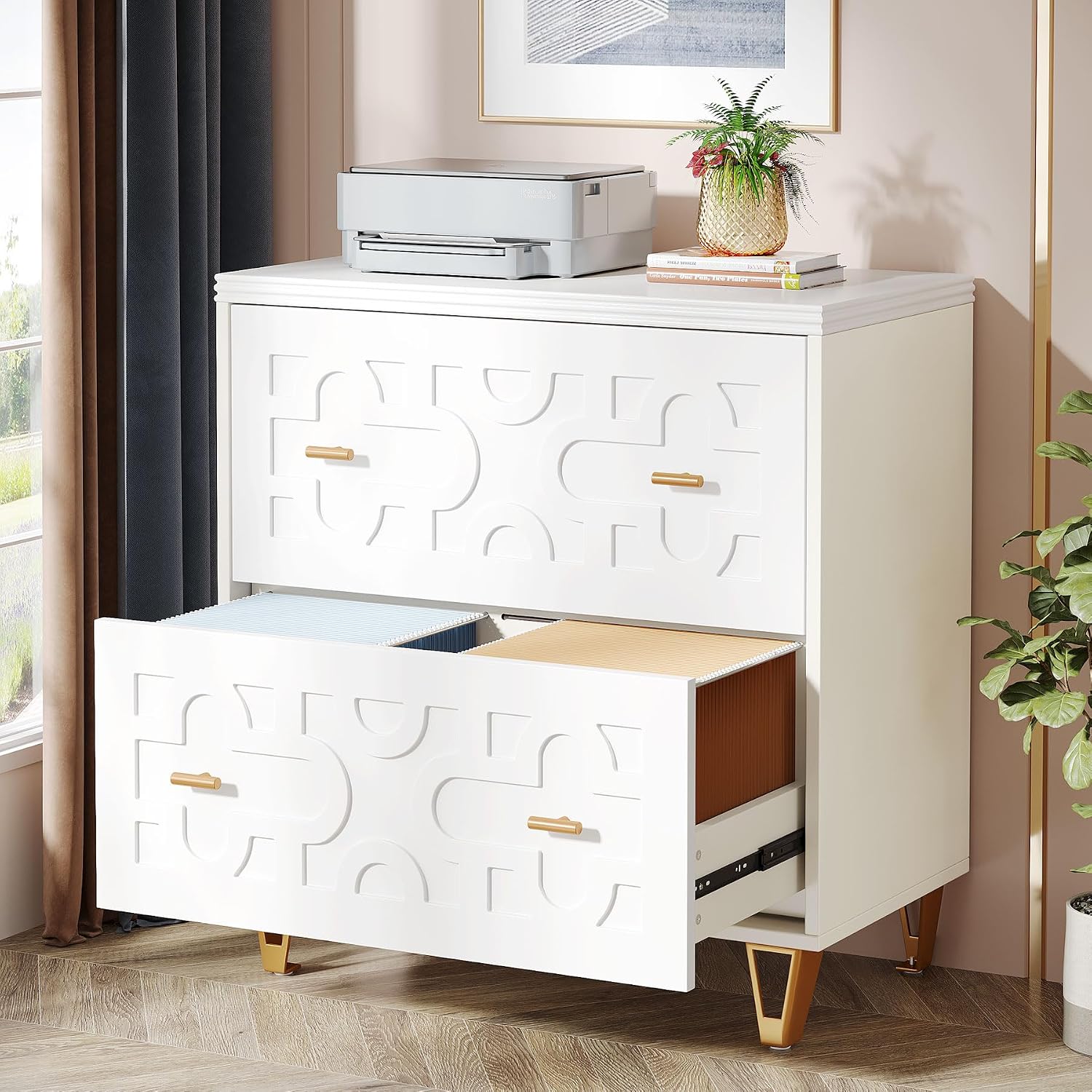 2段引き出し横型ファイルキャビネット、ウォームホワイトとゴー - Printer Stand のレビューと価格